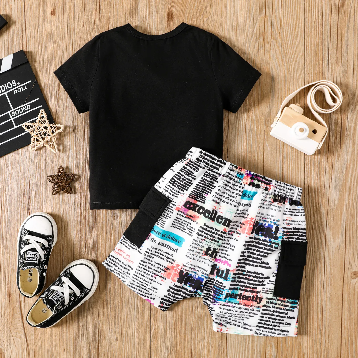 2Pcs Toddler Boy Colorblock Letter Print Cotton Tee & Shorts Set ColorBlock image 2