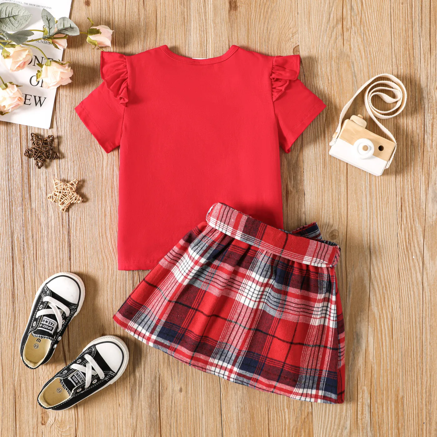 2pcs Toddler Girl Letter Print Ruffled Short-sleeve Tee and Plaid Skirt Set Red image 2