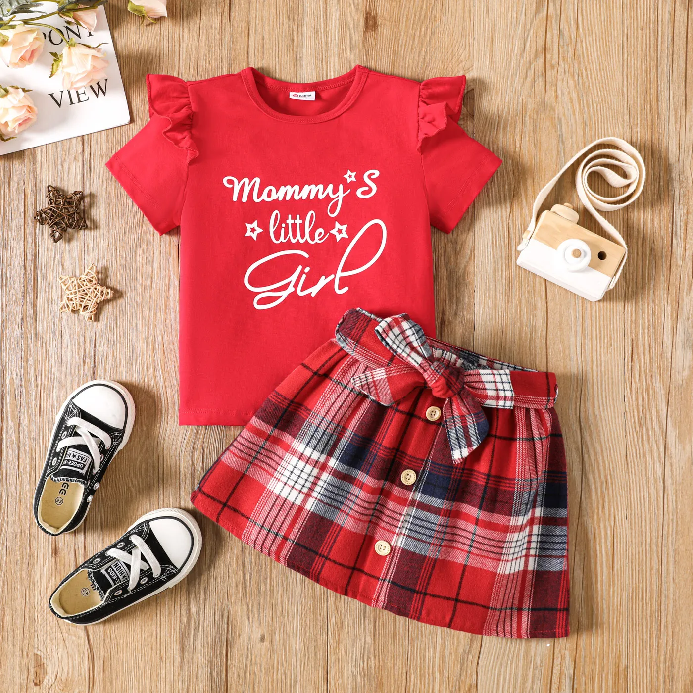 2pcs Toddler Girl Letter Print Ruffled Short-sleeve Tee and Plaid Skirt Set Red big image 1