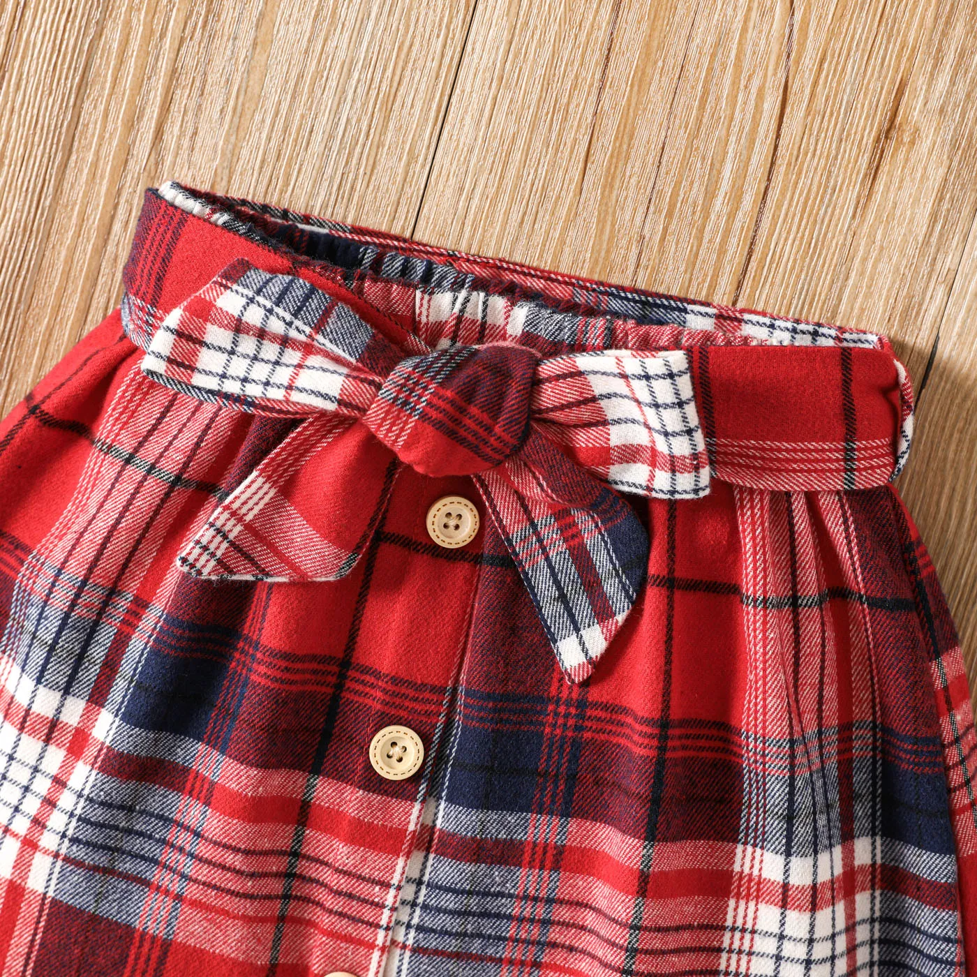 2pcs Toddler Girl Letter Print Ruffled Short-sleeve Tee and Plaid Skirt Set Red image 4