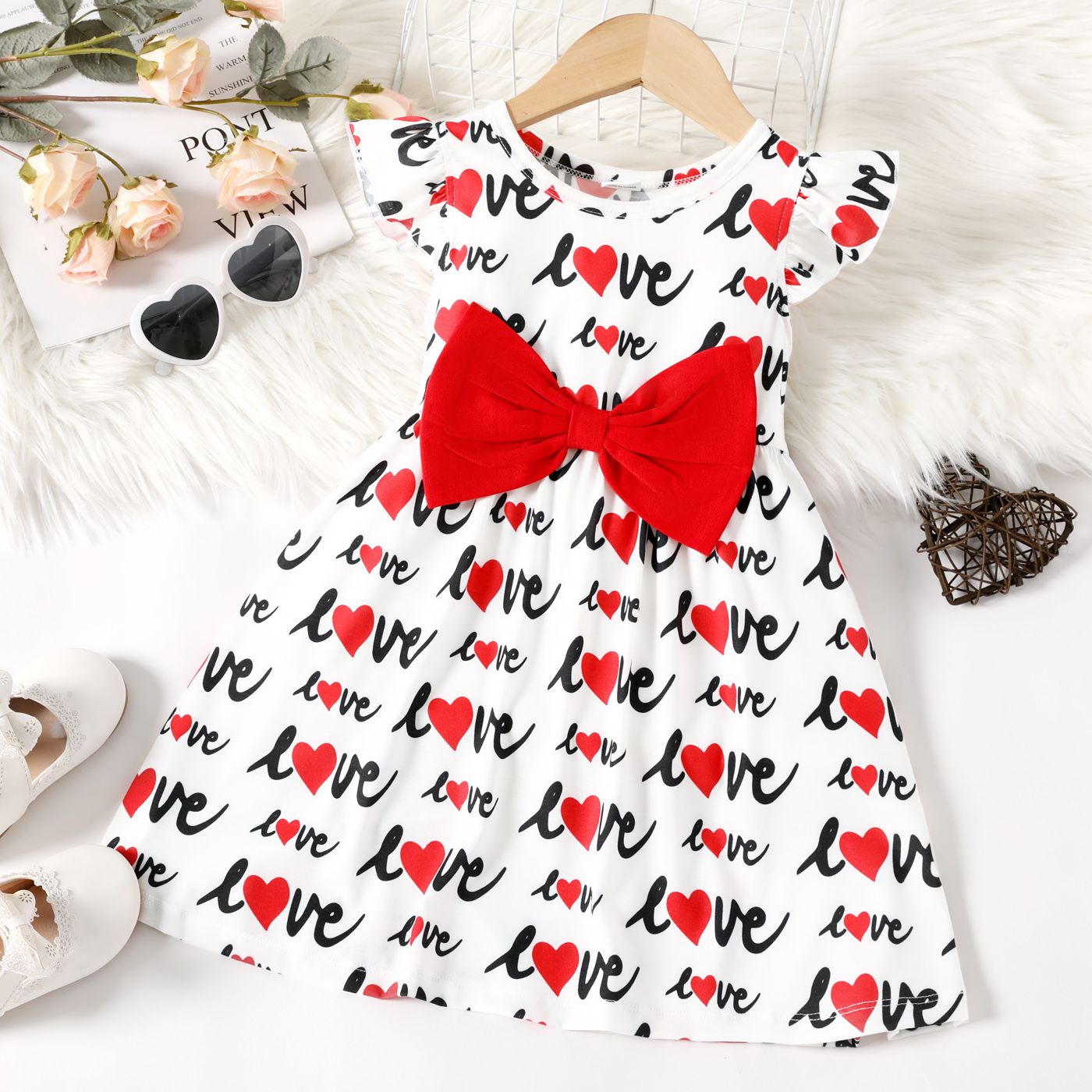 

Valentine's Day Toddler Girl Naia Heart Print Bowknot Design Flutter-sleeve Dress