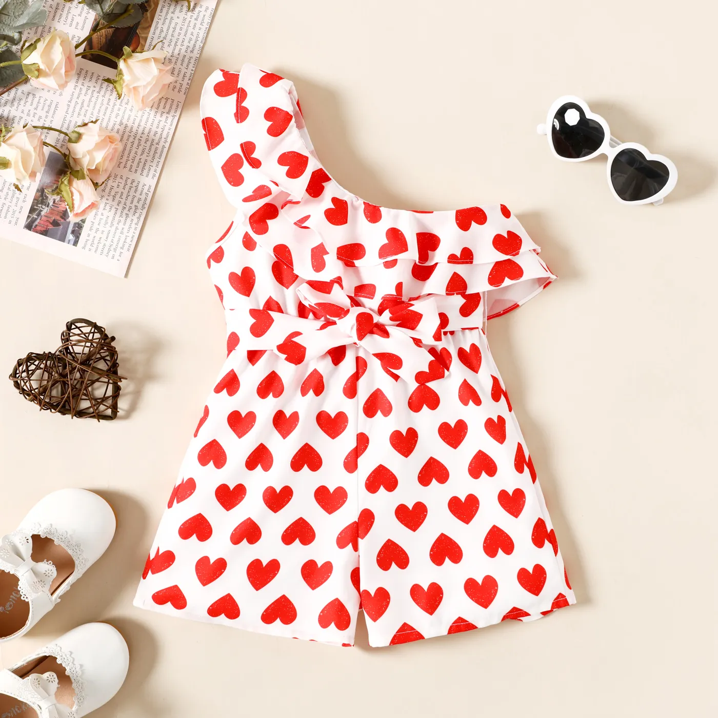 Valentine's Day Toddler Girl Heat Print One Shoulder Sleeveless Rompers