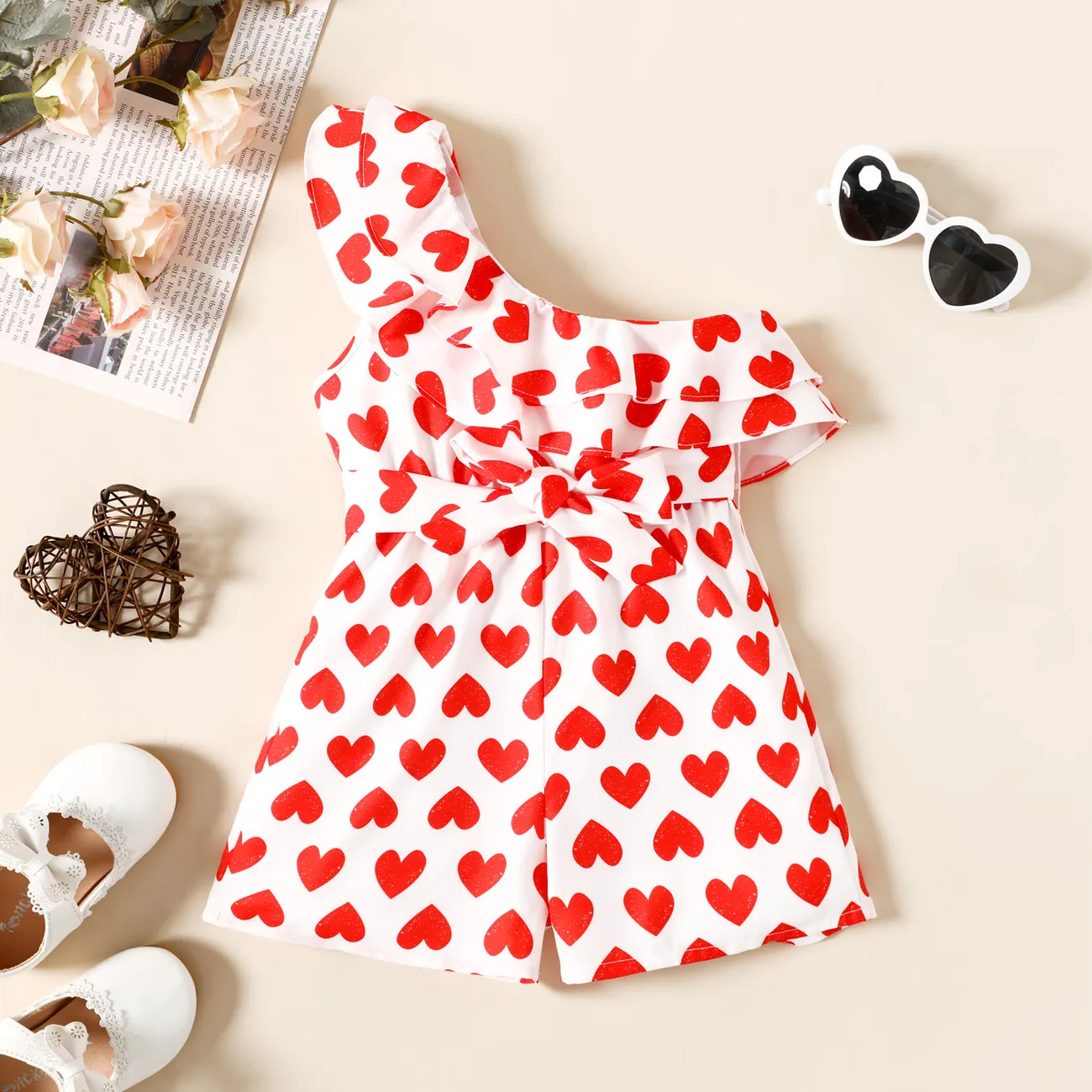 Valentine's Day Toddler Girl Heat Print One Shoulder Sleeveless Rompers  big image 1