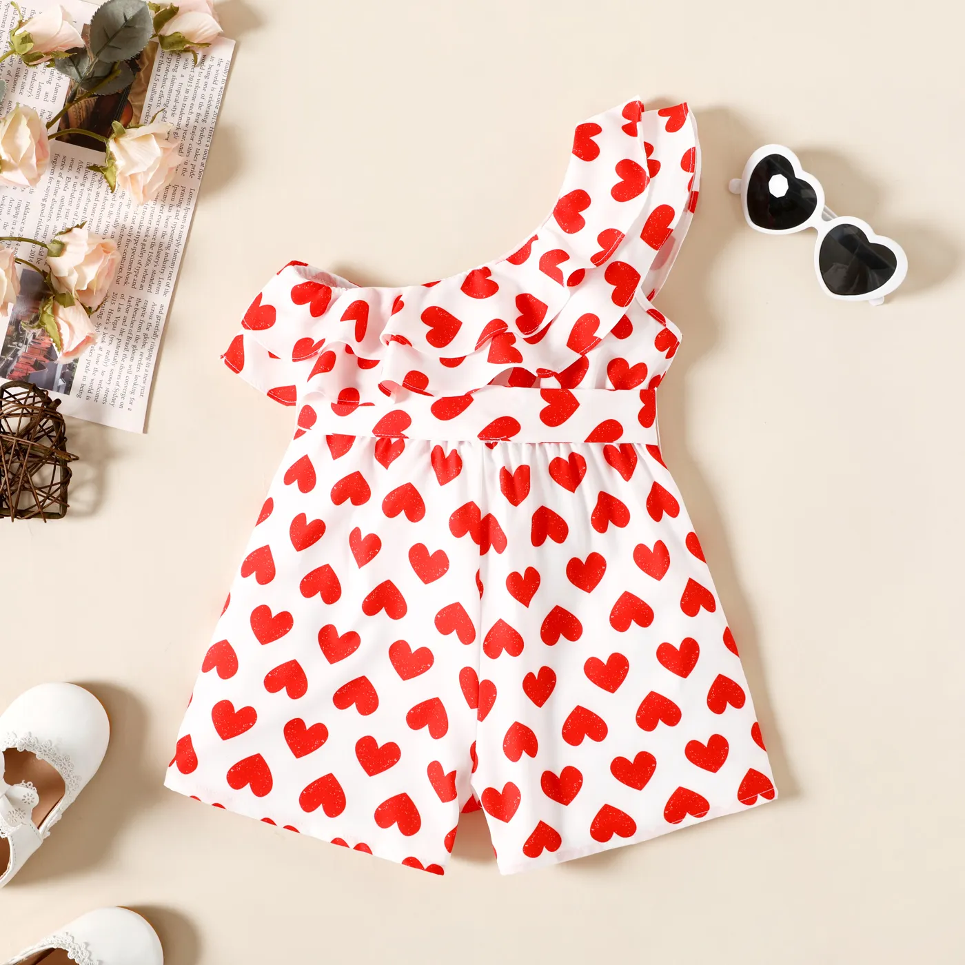 Valentine's Day Toddler Girl Heat Print One Shoulder Sleeveless Rompers  image 2