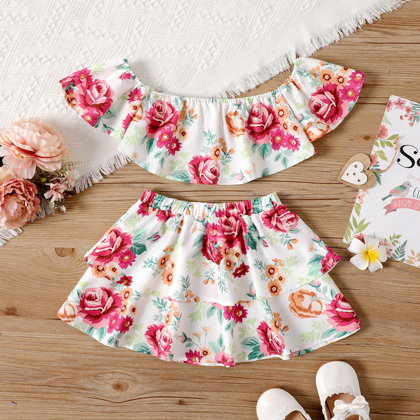 2pcs Toddler Girl Floral Print Off Shoulder Blouse And Layered Skirt Set