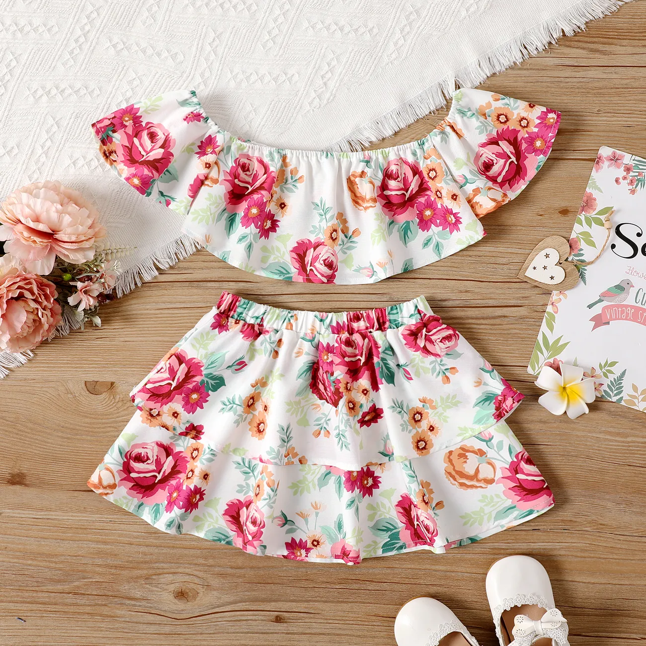 2pcs Toddler Girl Floral Print Off Shoulder Blouse and Layered Skirt Set  big image 1