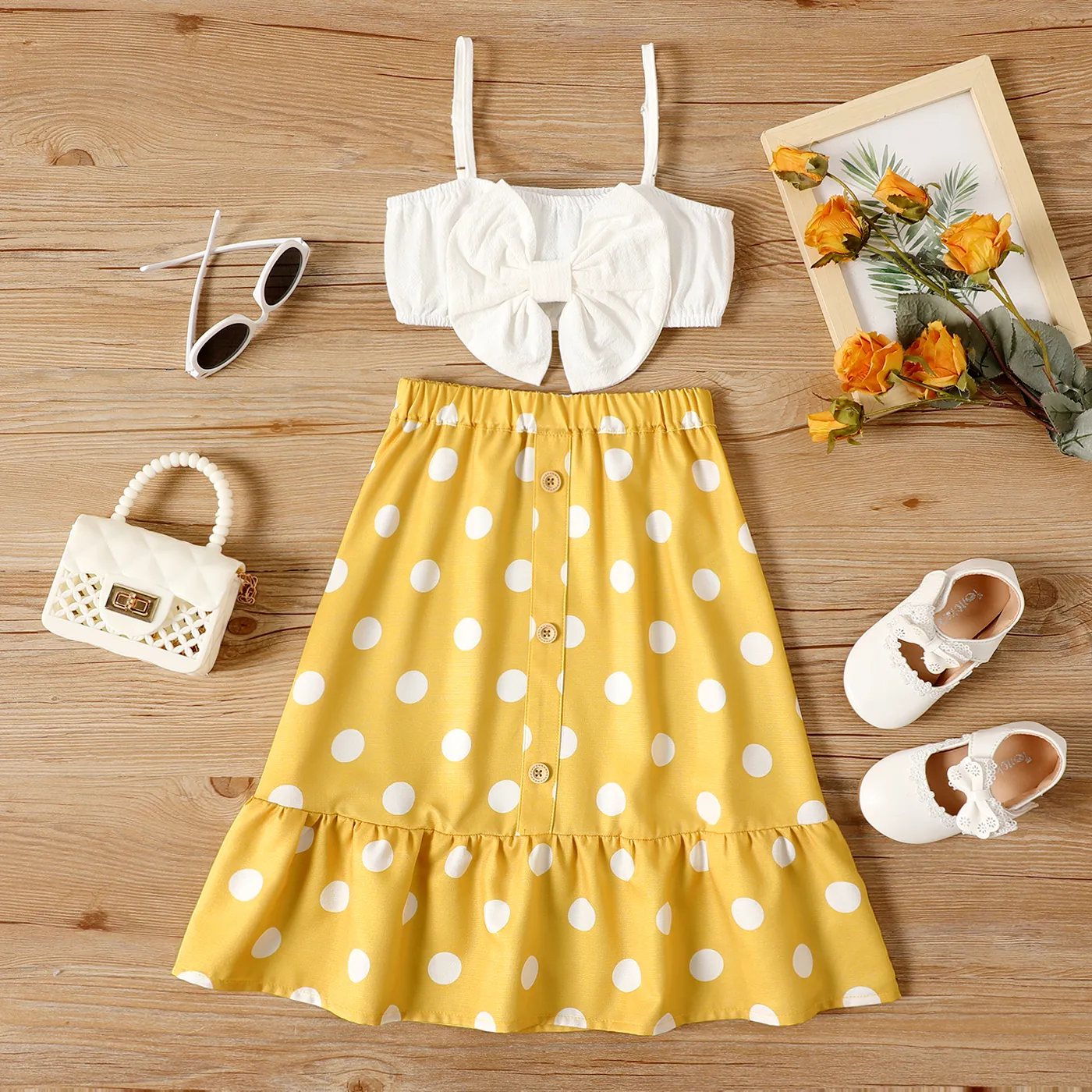 2pcs Toddler Girl Cotton Bowknot Design Camisole and Polka dots Button Design Skirt Set yellowwhite big image 1