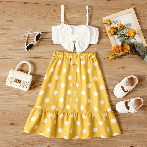 2pcs Toddler Girl Cotton Bowknot Design Camisole and Polka dots Button Design Skirt Set