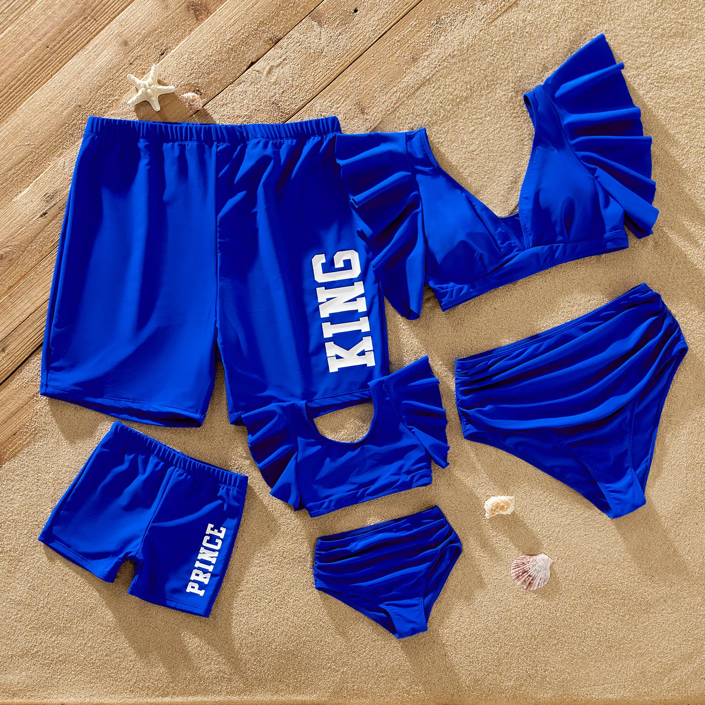 Family Matching Blue Ruffle Trim Two-piece Swimsuit and Letter Print Swim Trunks Blue image 3
