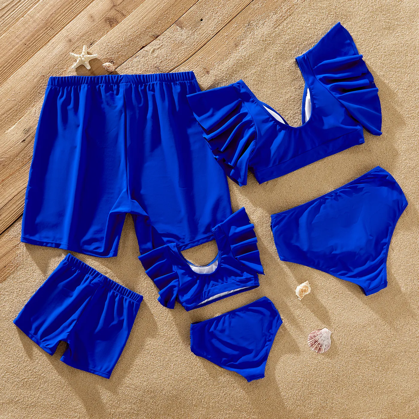 Family Matching Blue Ruffle Trim Two-piece Swimsuit and Letter Print Swim Trunks Blue image 4