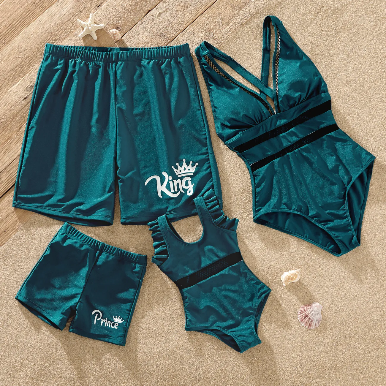 Family Matching Fishnet Spliced One-Piece Swimsuit and Letter & Crown Print Swim Trunks Green big image 1