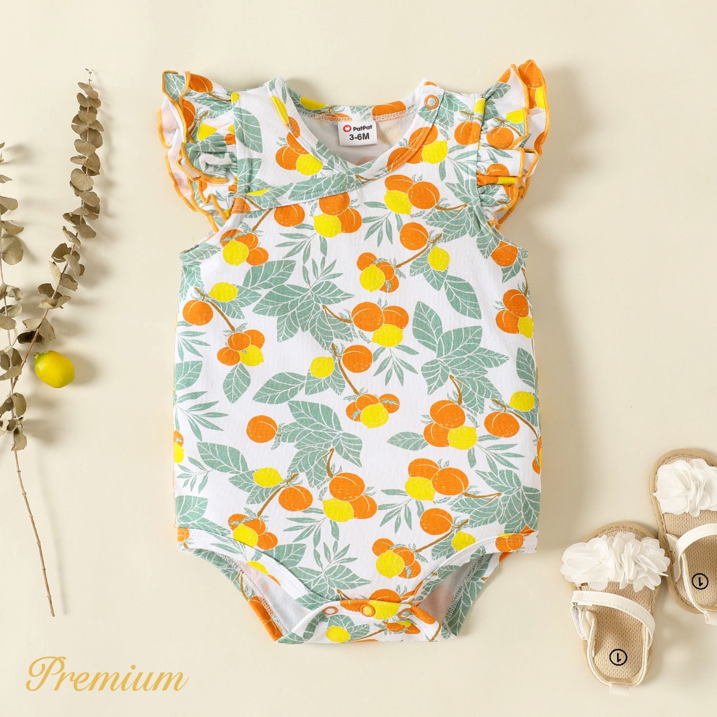 

Baby Girl Cotton Flutter-sleeve Allover Fruit Print Romper