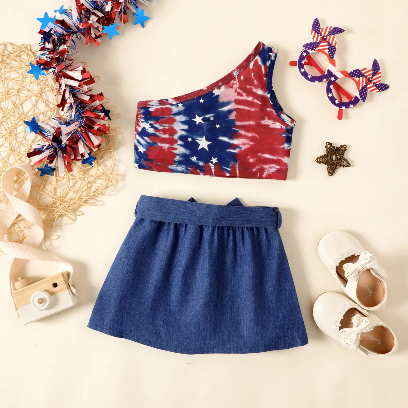 Independence Day 2pcs Toddler Girl Tie Dye One-Shoulder Tank Top and Belted Denim Skirt Set DENIMBLUE image 5