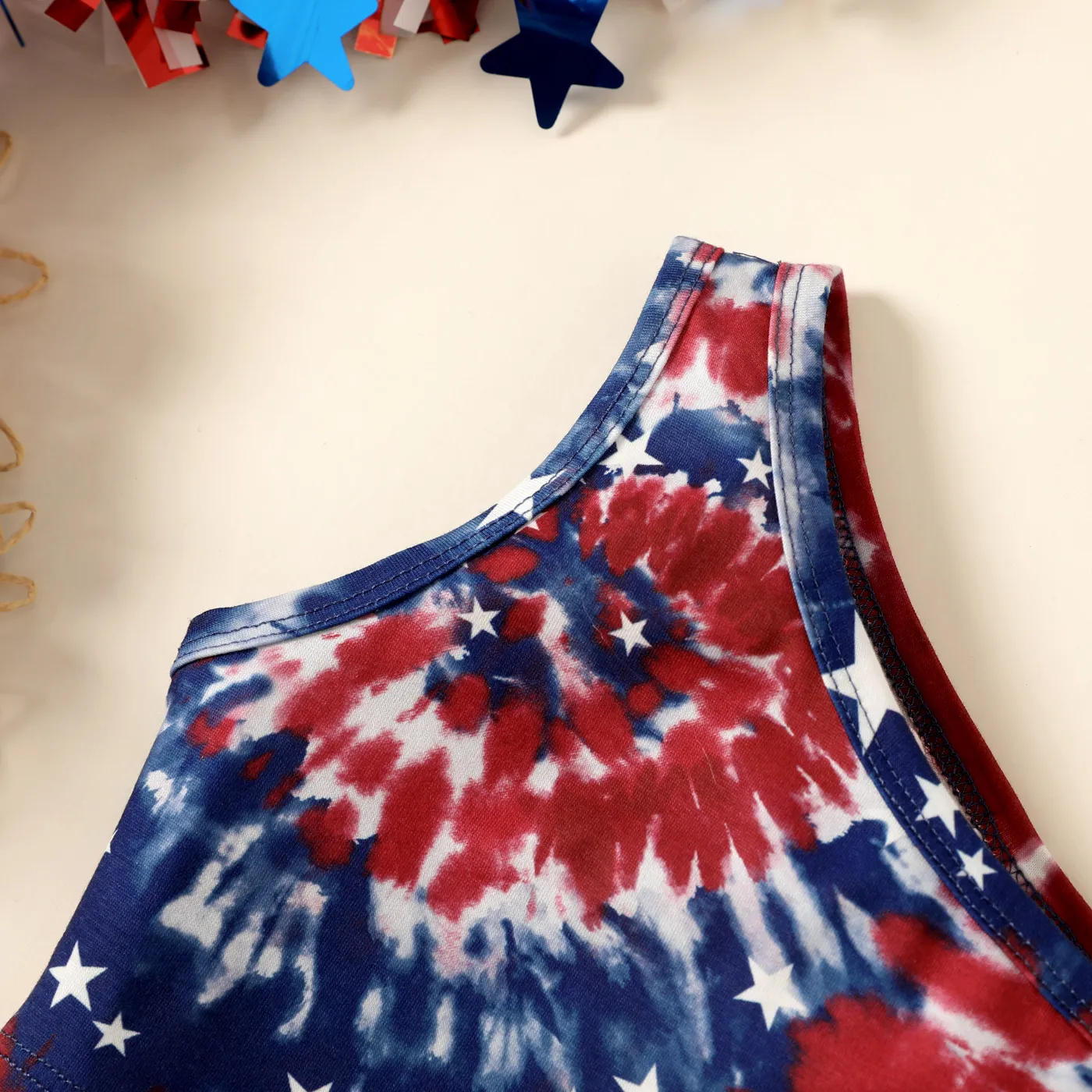 Independence Day 2pcs Toddler Girl Tie Dye One-Shoulder Tank Top and Belted Denim Skirt Set DENIMBLUE image 3