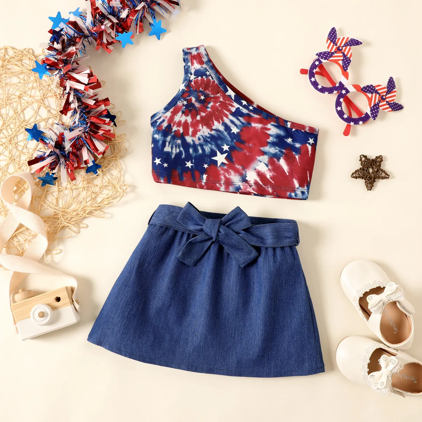 Independence Day 2pcs Toddler Girl Tie Dye One-Shoulder Tank Top And Belted Denim Skirt Set