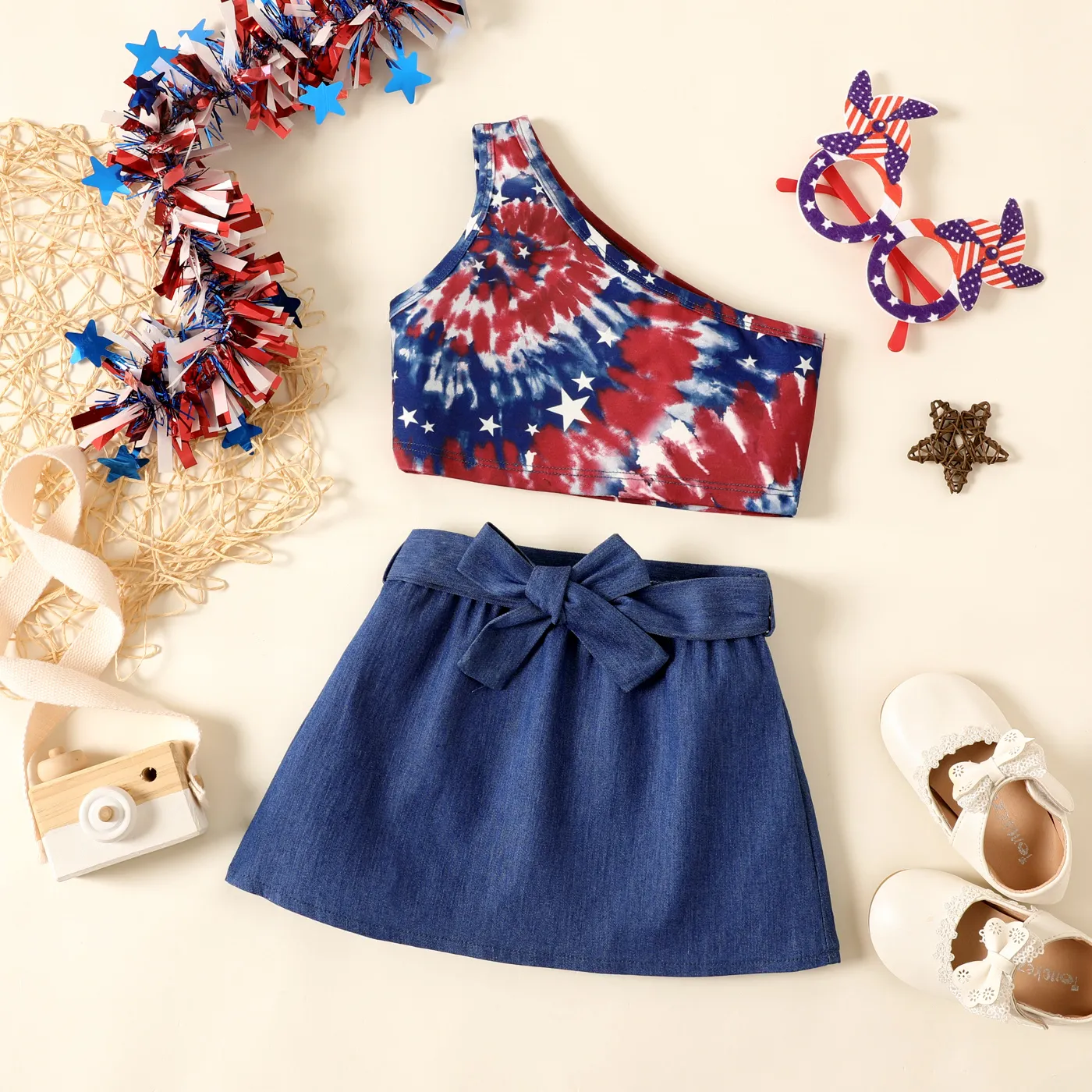 Independence Day 2pcs Toddler Girl Tie Dye One-Shoulder Tank Top and Belted Denim Skirt Set DENIMBLUE big image 1