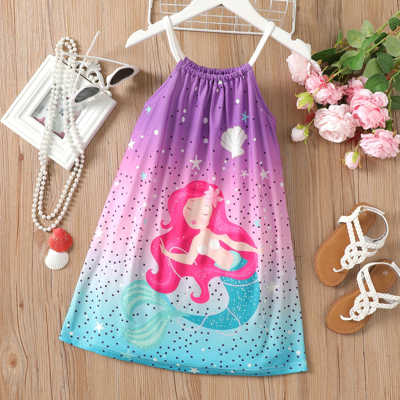 

Kid Girl Mermaid & Dots Print Slip Dress