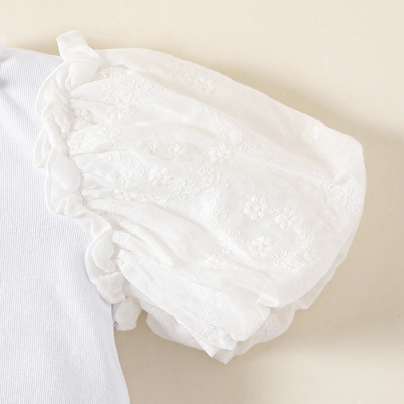 Baby Girl Cotton Letter Embroidered Frill Neck Puff-sleeve Romper OffWhite image 5