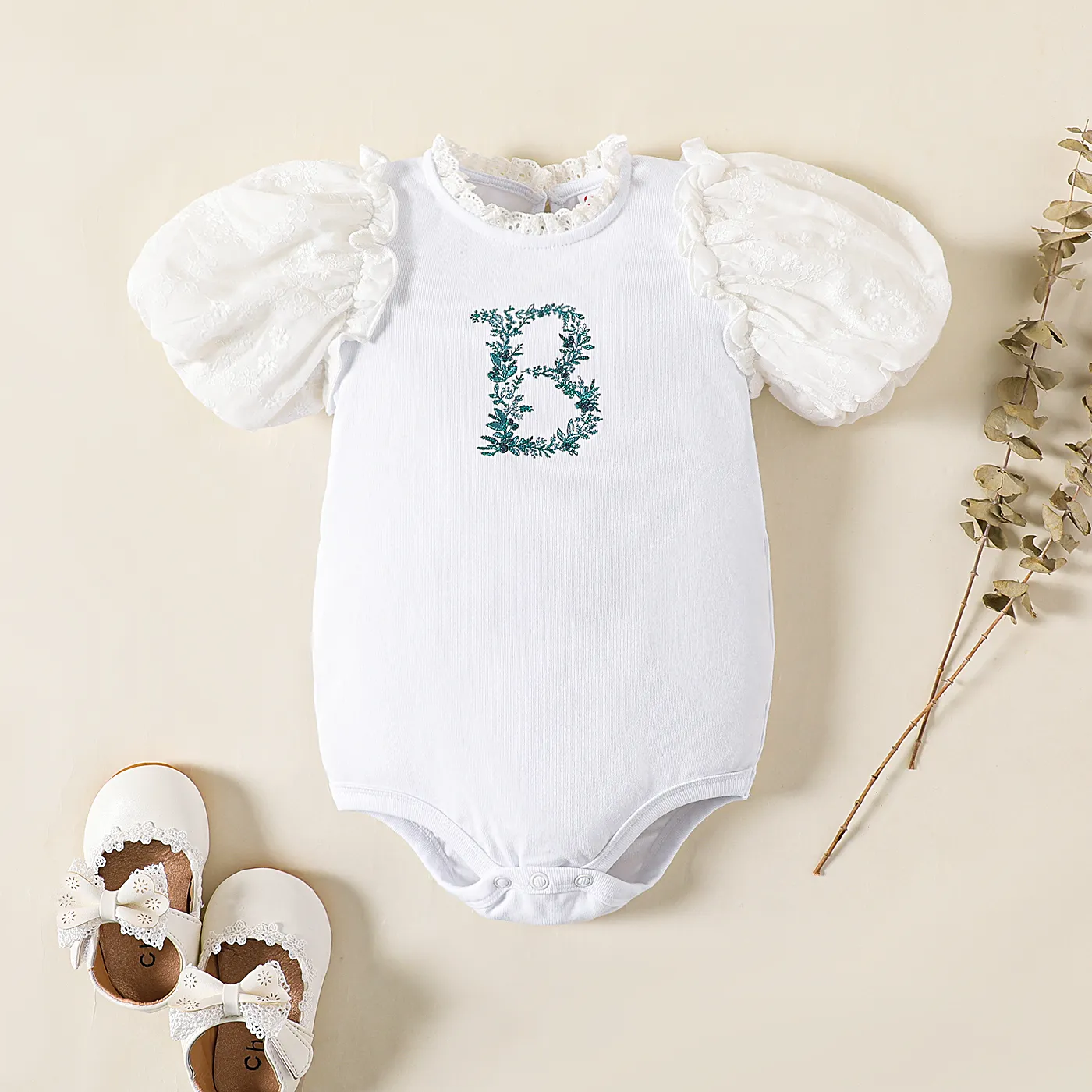 Baby Girl Cotton Letter Embroidered Frill Neck Puff-sleeve Romper OffWhite image 2