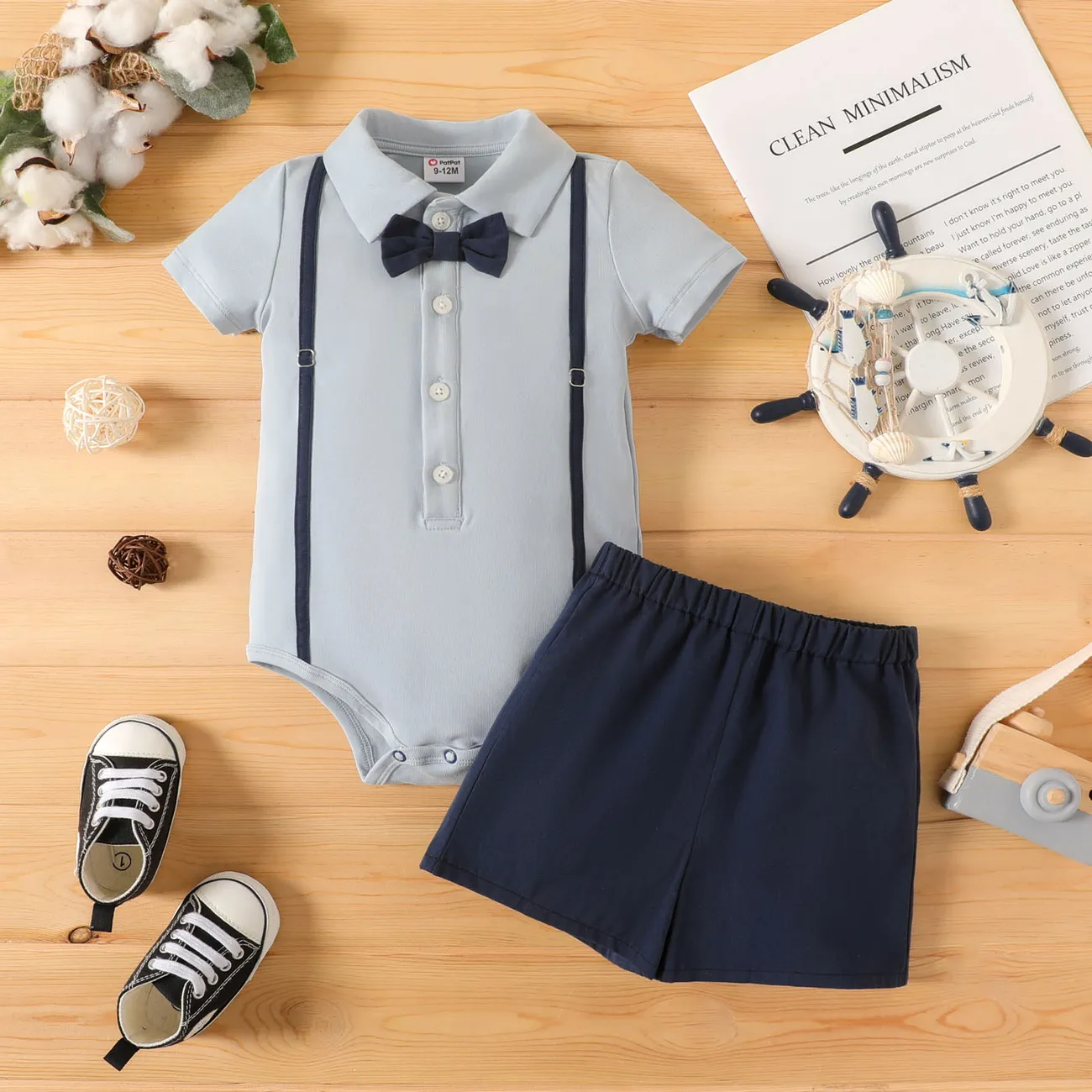 2pcs Baby Boy 100% Cotton Suspender Shorts and Bow Tie Decor Short-sleeve Shirt Romper Set Light Blue big image 1