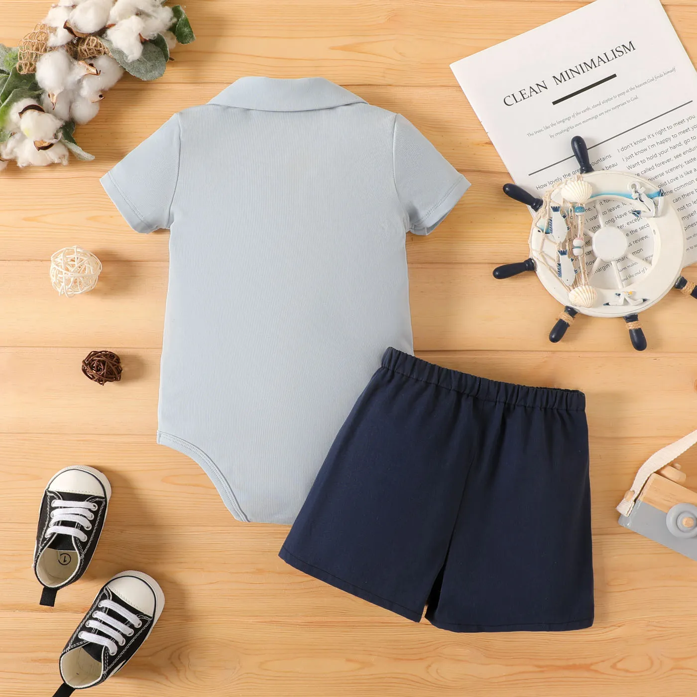 2pcs Baby Boy 100% Cotton Suspender Shorts and Bow Tie Decor Short-sleeve Shirt Romper Set Light Blue image 2