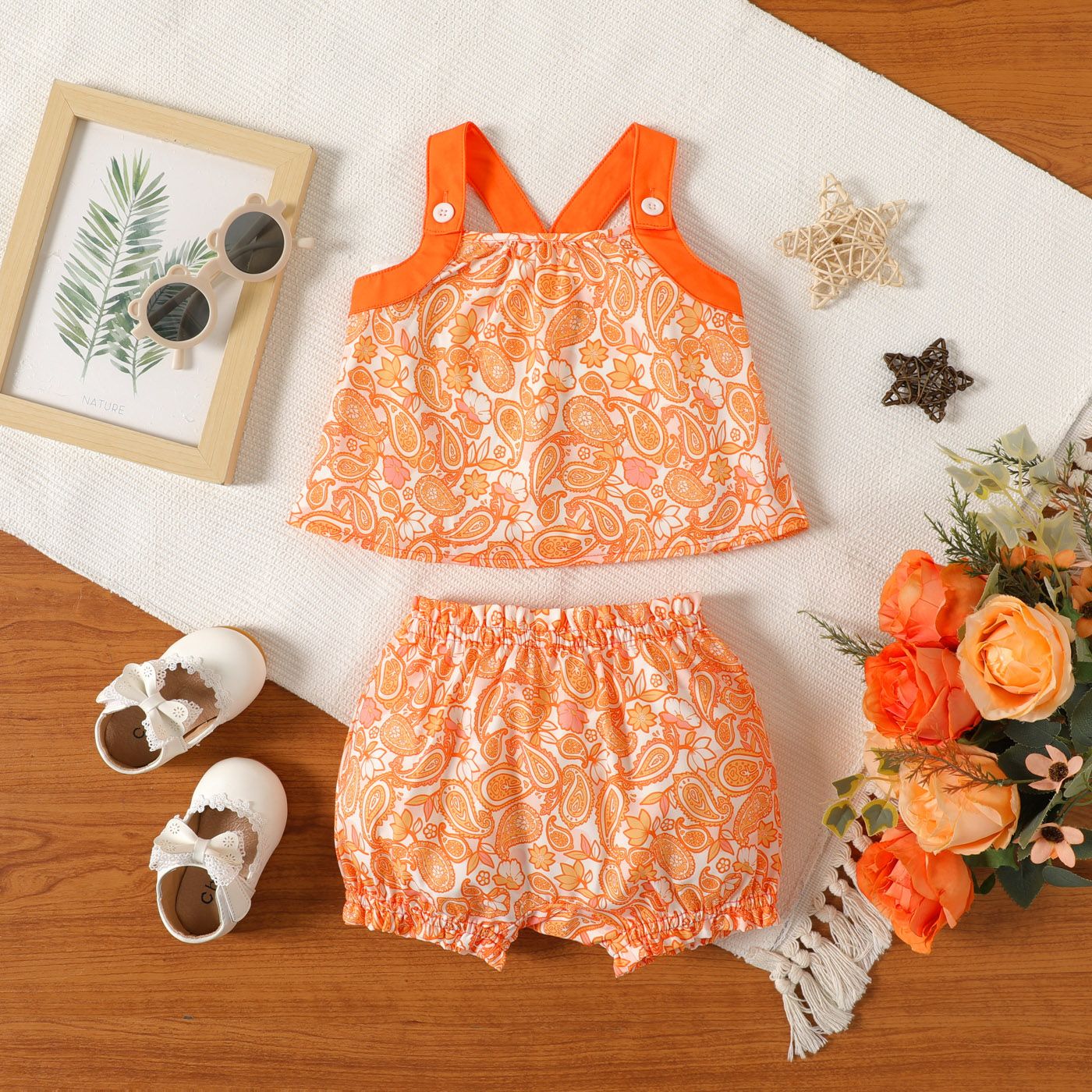 2pcs Baby Girl Floral Allover Sleeveless Top And Shorts Set