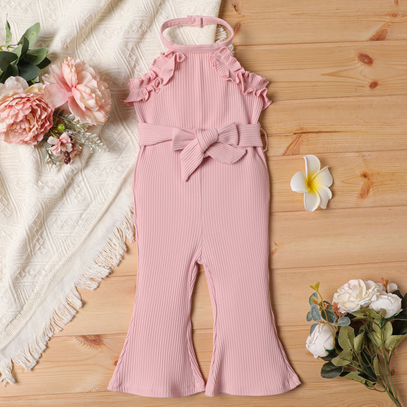 2pcs Baby Girl Pink Cotton Ribbed Ruffle Trim Halter Sleeveless Bell Bottom Jumpsuit & Belt Set