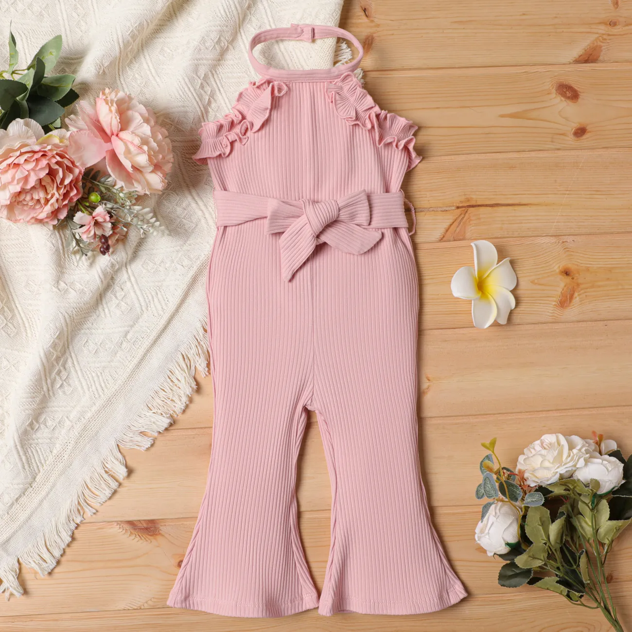 2pcs Baby Girl Pink Cotton Ribbed Ruffle Trim Halter Sleeveless Bell Bottom Jumpsuit & Belt Set Pink big image 1