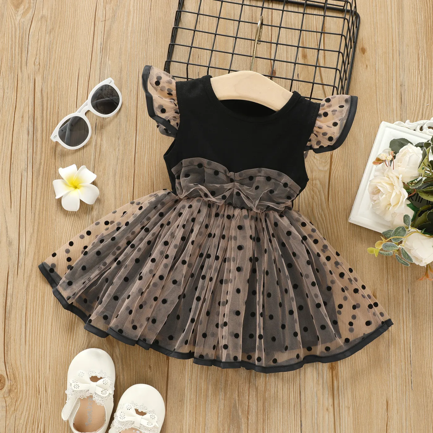 Baby Girl Polka Dots Panel Flutter-sleeve Overlay Dress