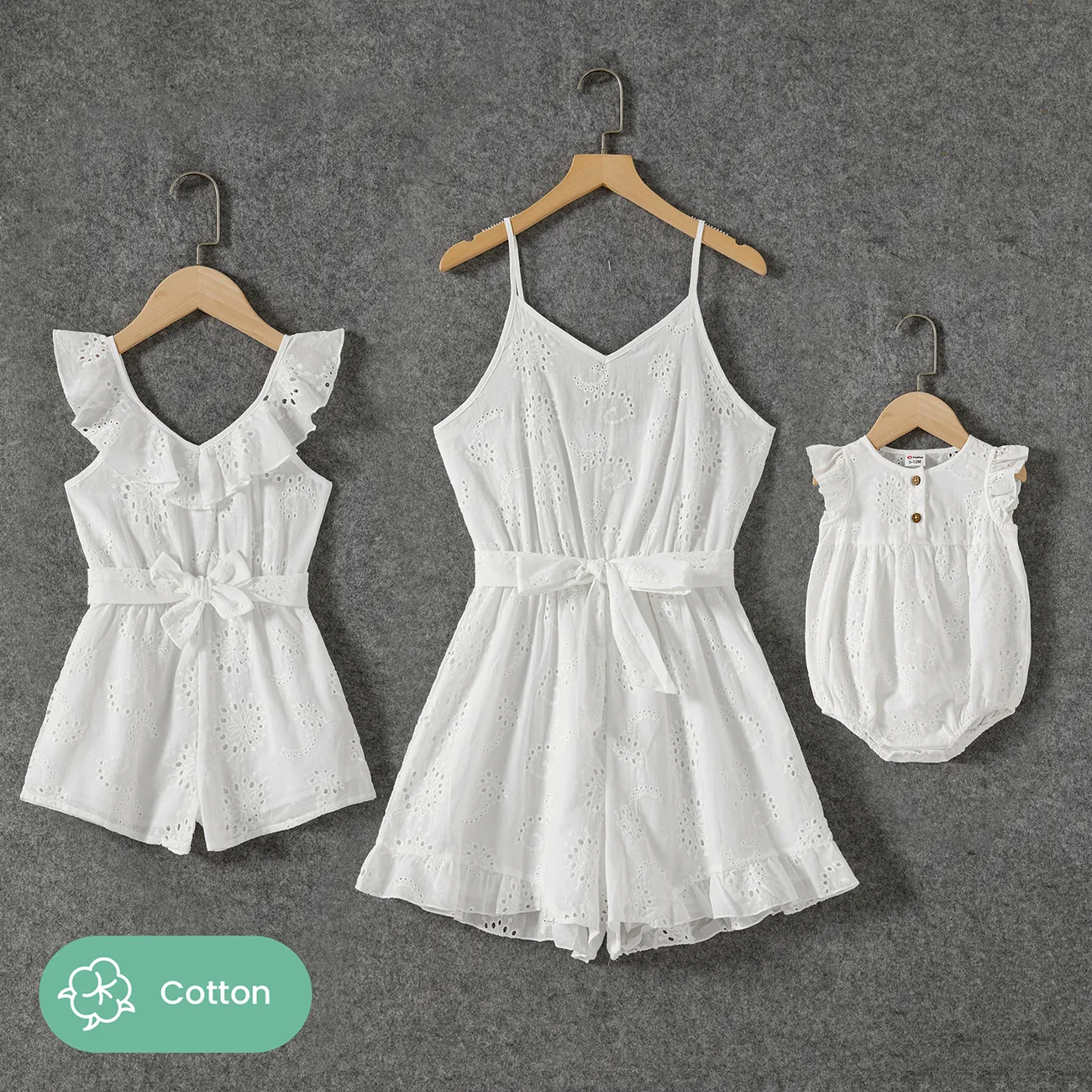 Mommy and Me 100% Cotton White Ruffle Trim Sleeveless Belted Rompers White big image 1