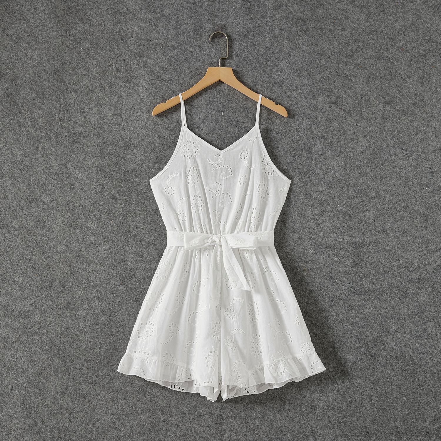 Mommy And Me 100% Cotton White Ruffle Trim Sleeveless Belted Rompers