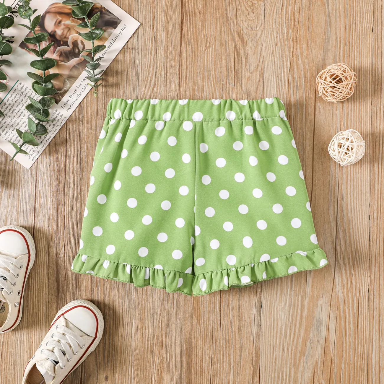 Toddler Girl Polka Dots Pattern Ruffle Hem Shorts Green big image 1