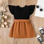 2pcs Toddler Girl Cotton Ribbed Flutter-sleeve Tee and Button Design Belted Skirt Set  image 2