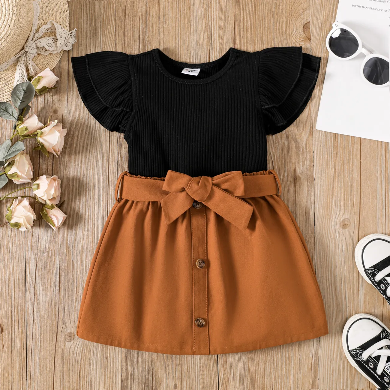 2pcs Toddler Girl Cotton Ribbed Flutter-sleeve Tee and Button Design Belted Skirt Set  big image 1