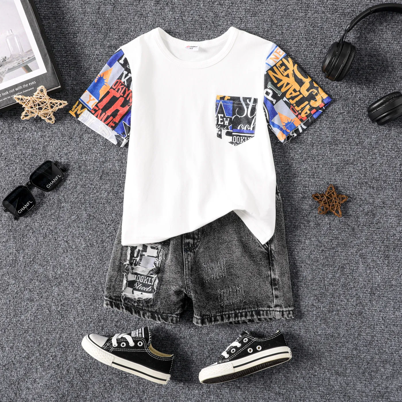 Toddler Boy Cotton Geo Print Short-sleeve Tee and Denim Shorts Set White big image 1