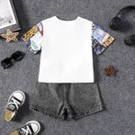 Toddler Boy Cotton Geo Print Short-sleeve Tee and Denim Shorts Set White image 2