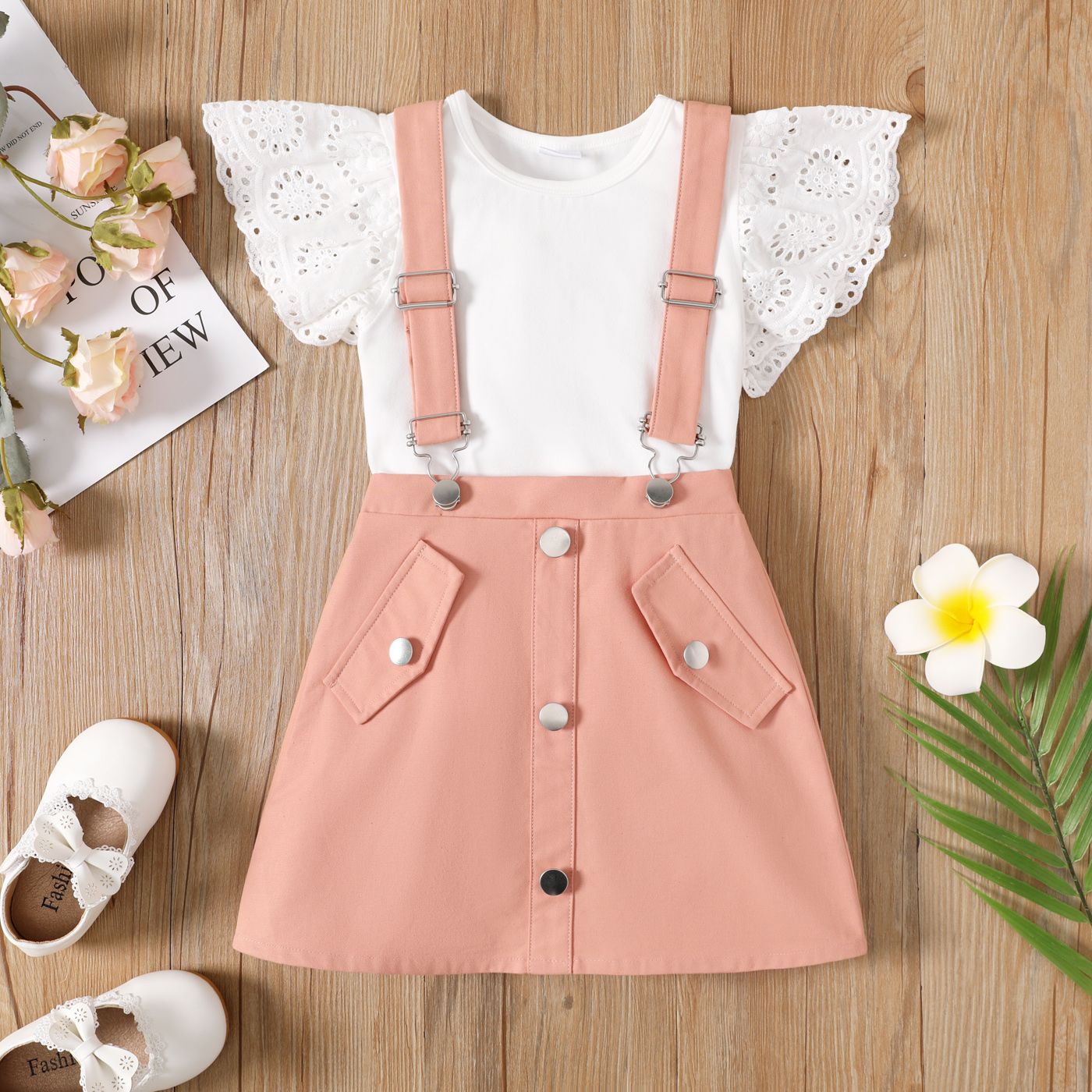 

2pcs Toddler Girl Flutter-sleeve Cotton Tee and Adjustable Suspender Skirt Set