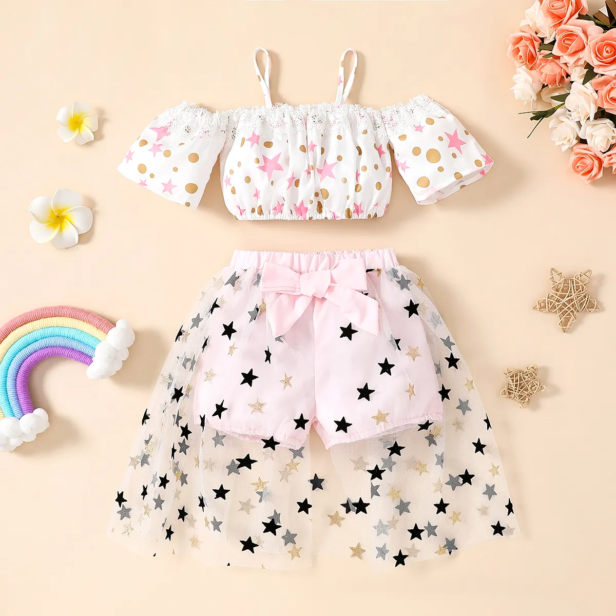 

2pcs Toddler Girl Sweet Off-Shoulder Cami Top and Stars Pattern Mesh Overlay Skirt Set