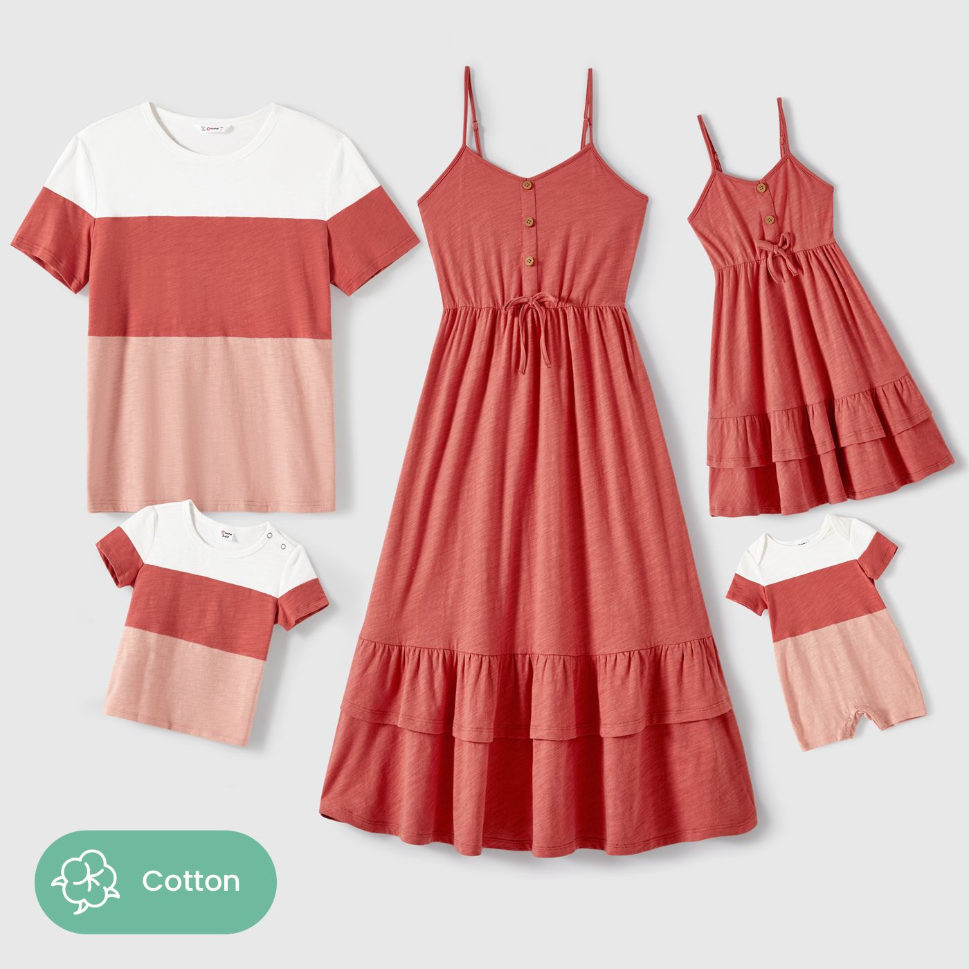 

Family Matching Cotton Solid Ruffle Hem Cami Dresses and Short-sleeve Colorblock T-shirts Sets