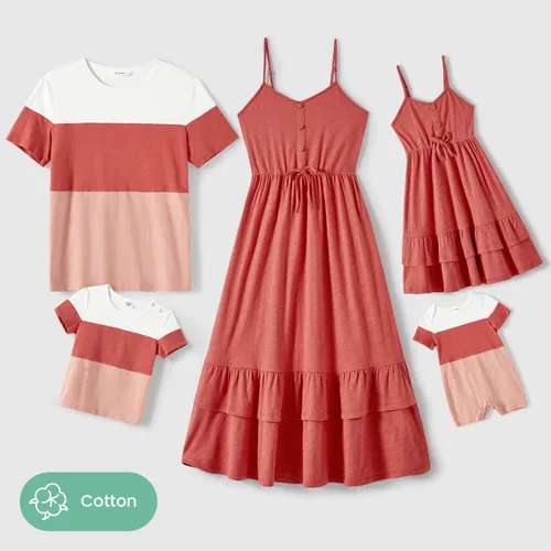 Family Matching Cotton Solid Ruffle Hem Cami Dresses and Short-sleeve Colorblock T-shirts Sets