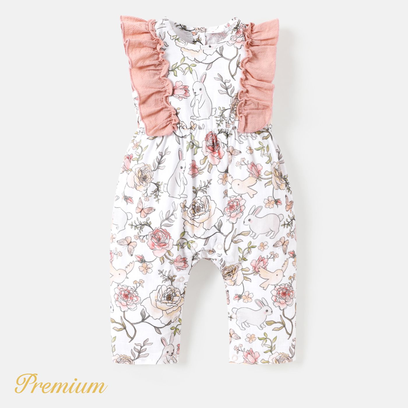 Baby Girl 100% Cotton Ruffle Trim Floral Print Sleeveless Jumpsuit