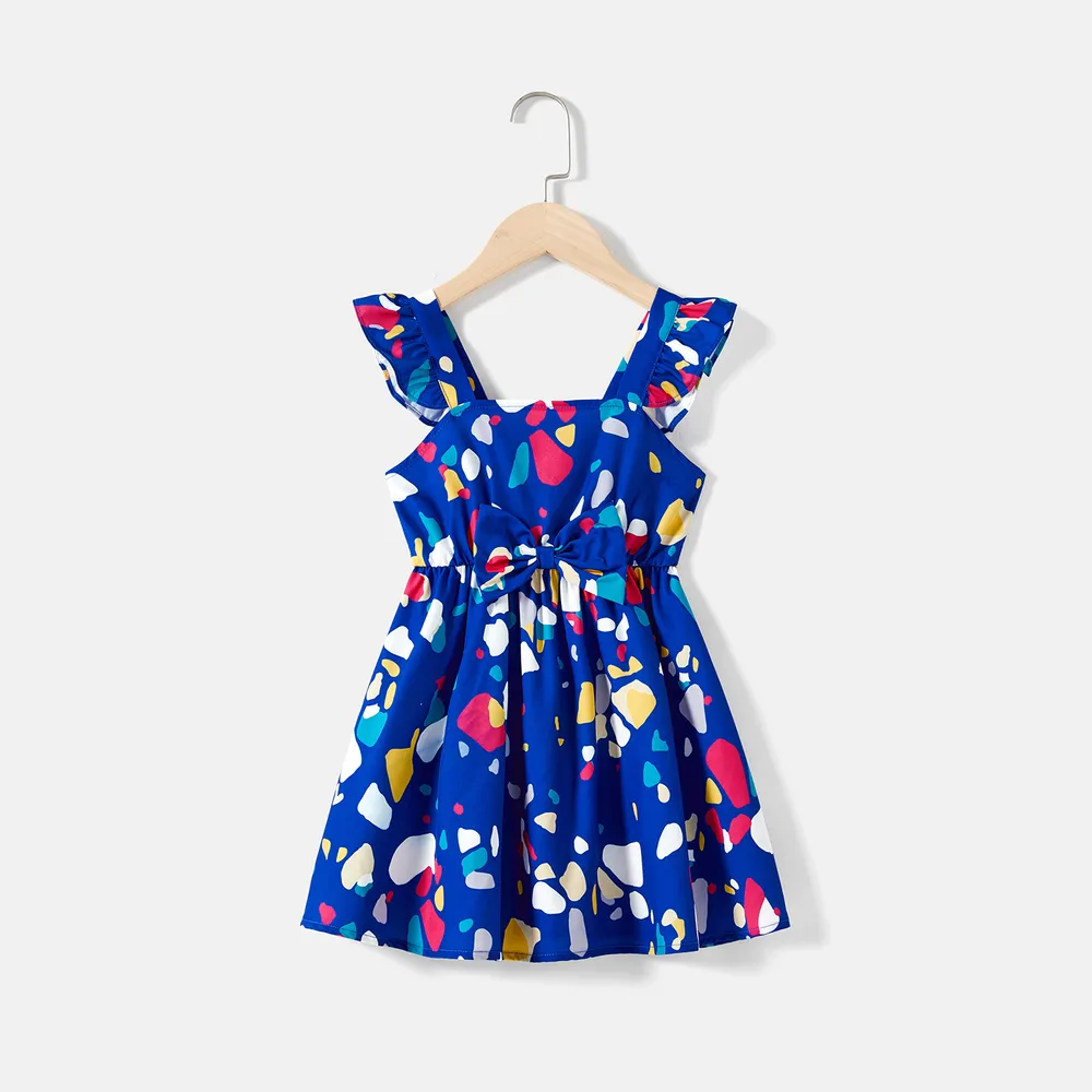 Mommy and Me Allover Geo Print Wrap Knot Side Ruffle Slip Dresses big image 6