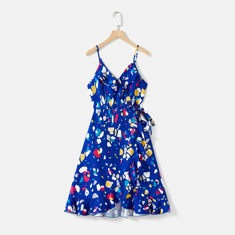 Mommy and Me Allover Geo Print Wrap Knot Side Ruffle Slip Dresses big image 10