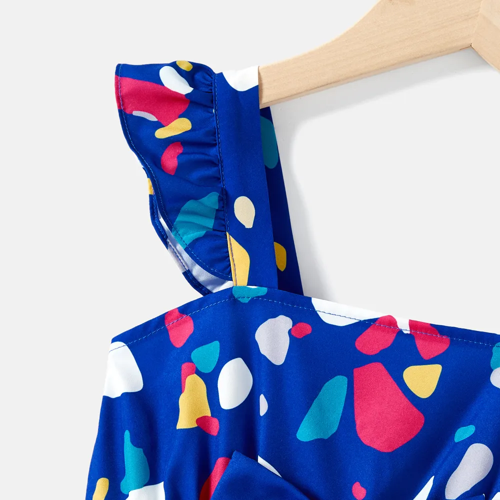 Mommy and Me Allover Geo Print Wrap Knot Side Ruffle Slip Dresses big image 3