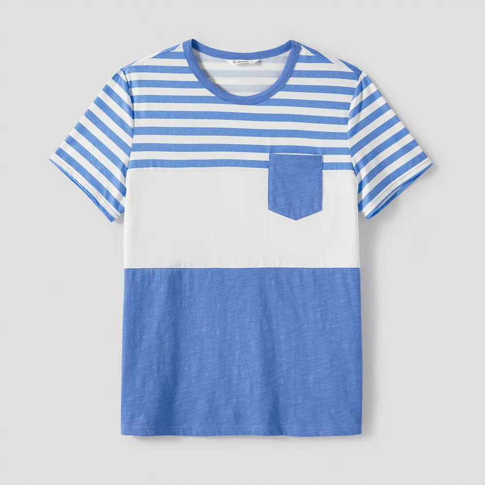 Family Matching Blue Short-sleeve Ruffle Hem Dresses and Naia™ Striped Colorblock T-shirts Sets big image 18