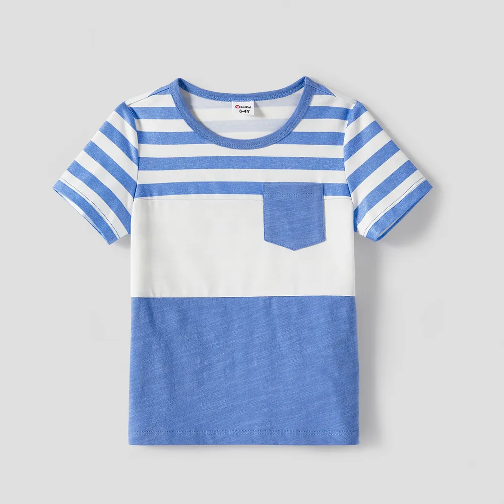 Family Matching Blue Short-sleeve Ruffle Hem Dresses and Naia™ Striped Colorblock T-shirts Sets  big image 6