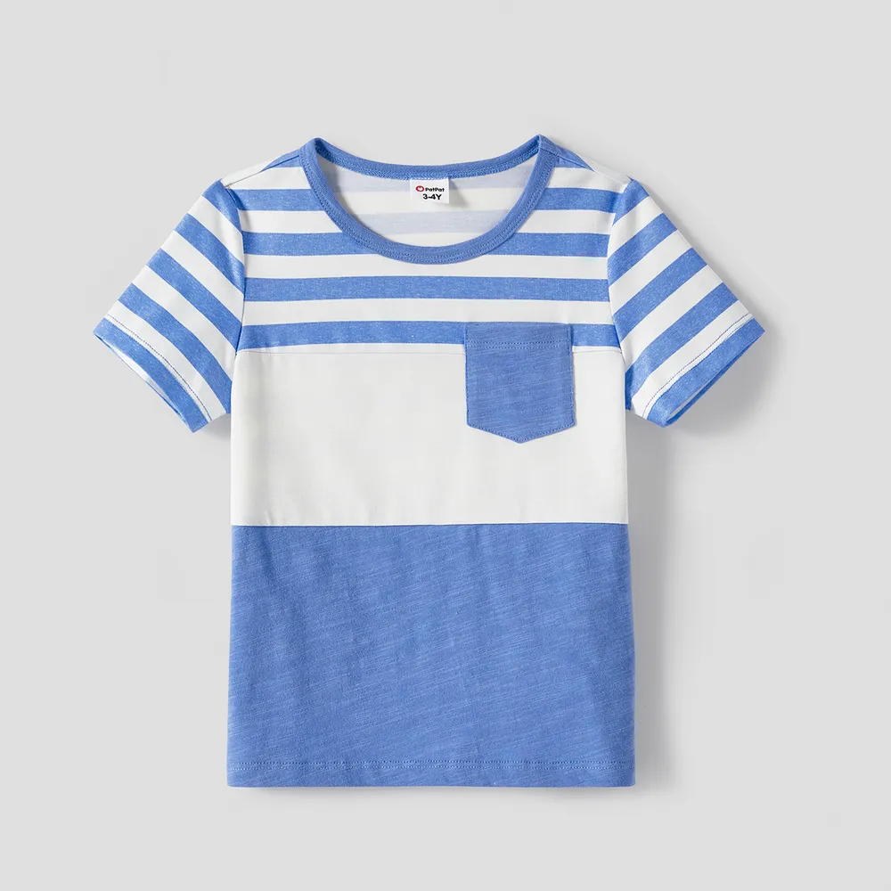 Family Matching Blue Short-sleeve Ruffle Hem Dresses and Naia™ Striped Colorblock T-shirts Sets big image 6