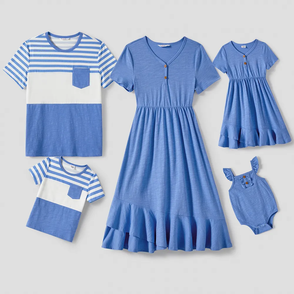 Family Matching Blue Short-sleeve Ruffle Hem Dresses and Naia™ Striped Colorblock T-shirts Sets  big image 2