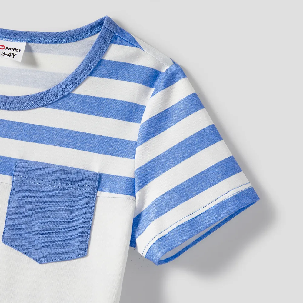 Family Matching Blue Short-sleeve Ruffle Hem Dresses and Naia™ Striped Colorblock T-shirts Sets  big image 8