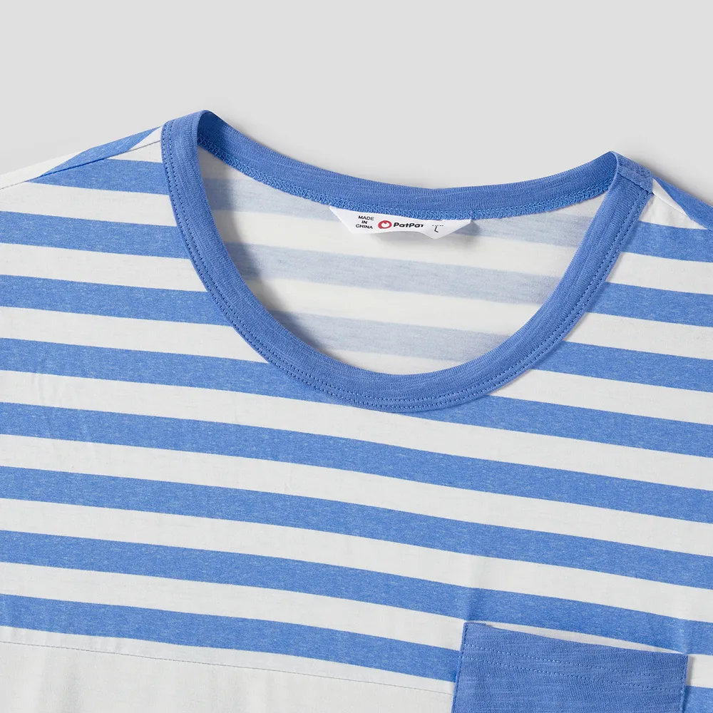Family Matching Blue Short-sleeve Ruffle Hem Dresses and Naia™ Striped Colorblock T-shirts Sets big image 19